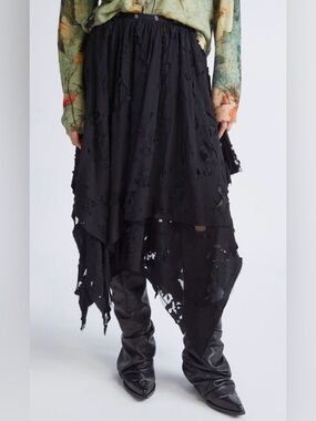 R13 BLACK HANDKERCHIEF DISTRESSED MIDI SKIRT